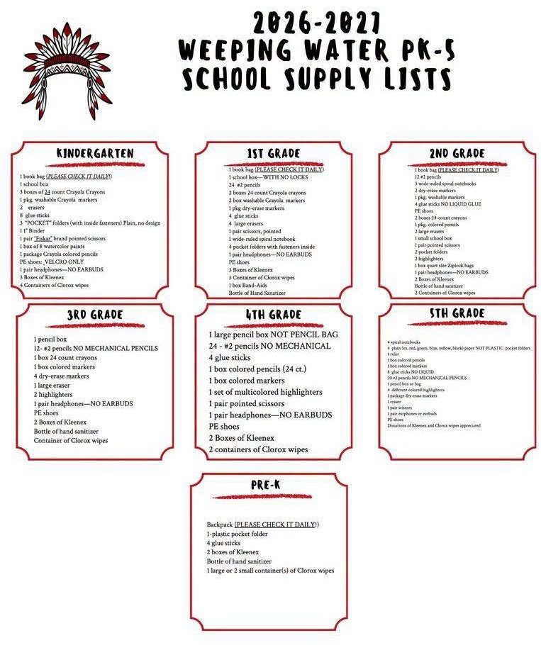 WW school supply list